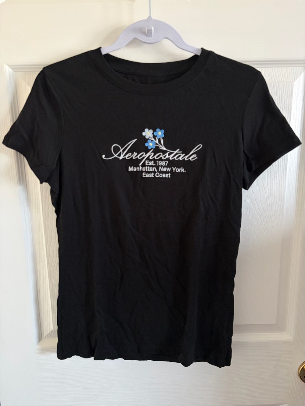 Aeropostale Black Tee with Blue Floral Script Logo